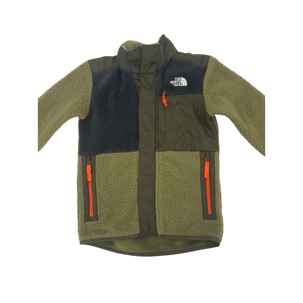 The North Face Fleece Jacket Kids Size 7/8 Olive Green Denali Hooded Sherpa Zip